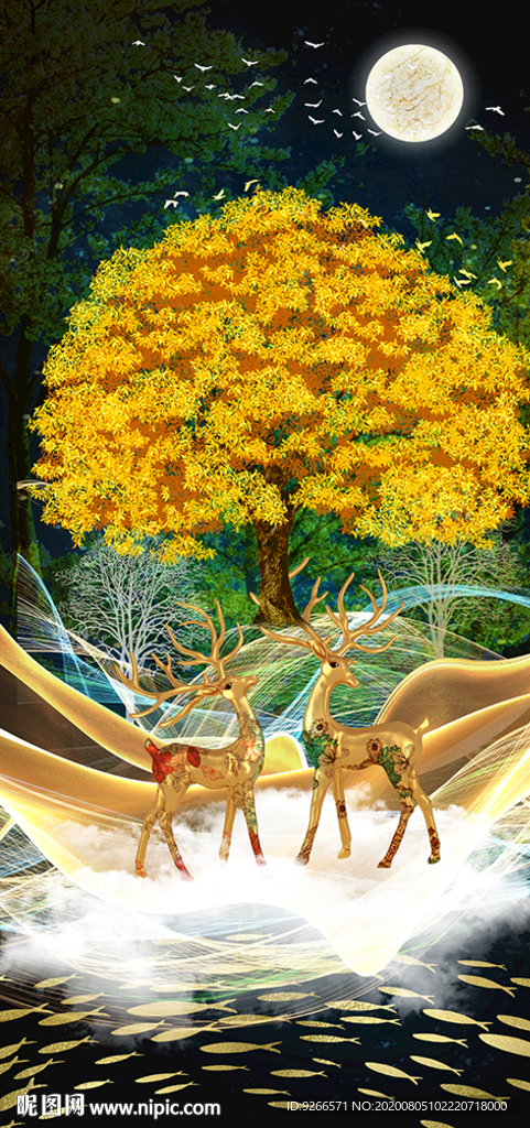 发财树麋鹿山水玄关晶瓷画装饰画