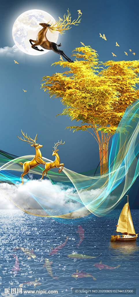 发财树麋鹿山水玄关晶瓷画装饰画