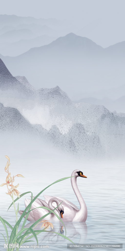 天鹅山水新玄关画 TIF分层