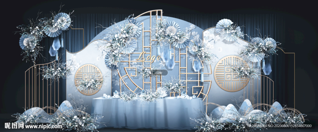 莫兰迪中式婚礼合影区效果图