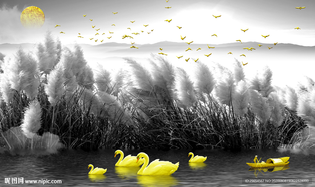 现代简约地中海芦苇花鸟背景墙