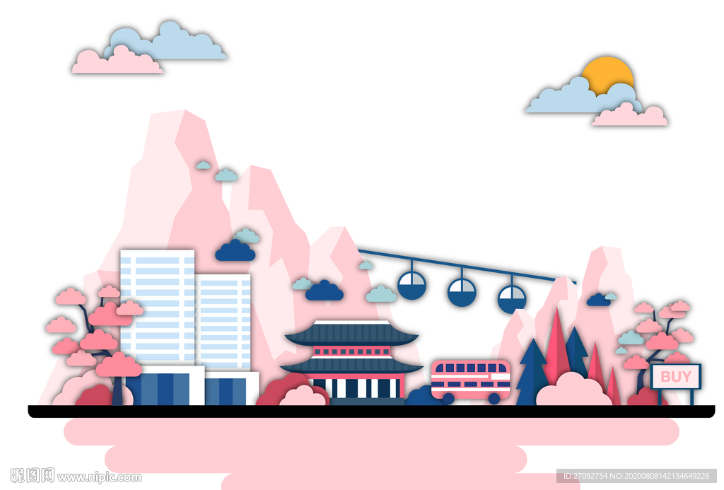 山脉城市滑索AI适量临摹插图图