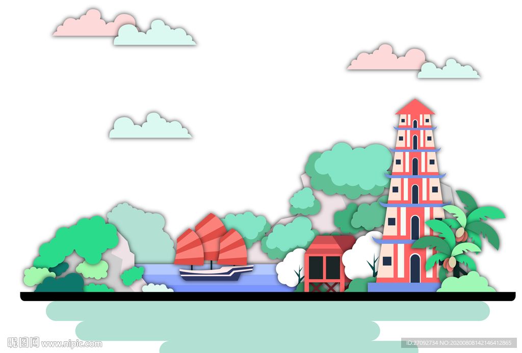 椰林塔楼树林AI适量临摹插图图