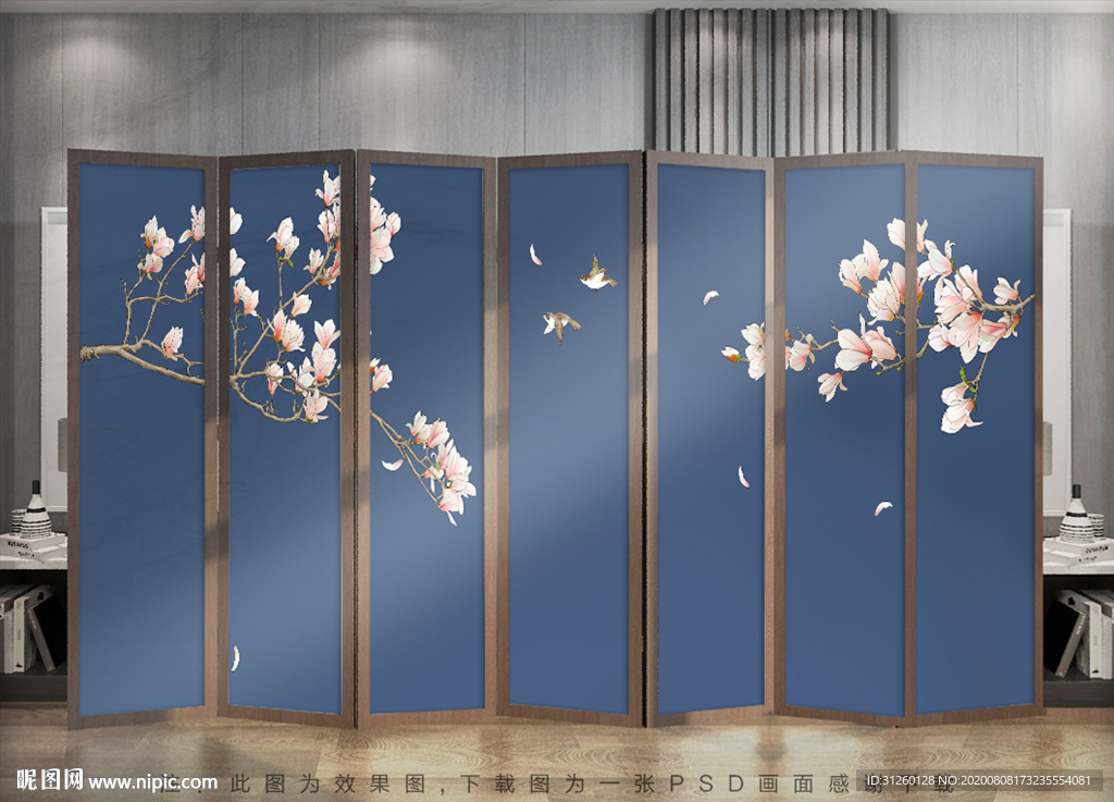 玉兰花花鸟屏风