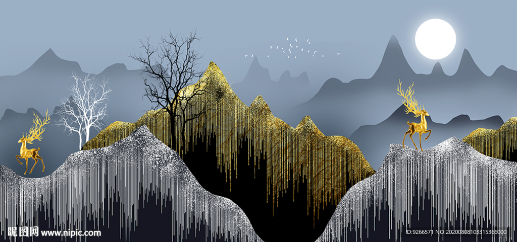 麋鹿山水抽象飞鸟晶瓷画装饰画