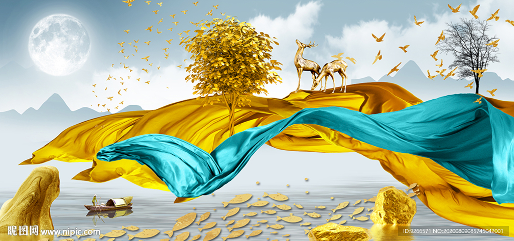 麋鹿山水抽象飞鸟晶瓷画装饰画