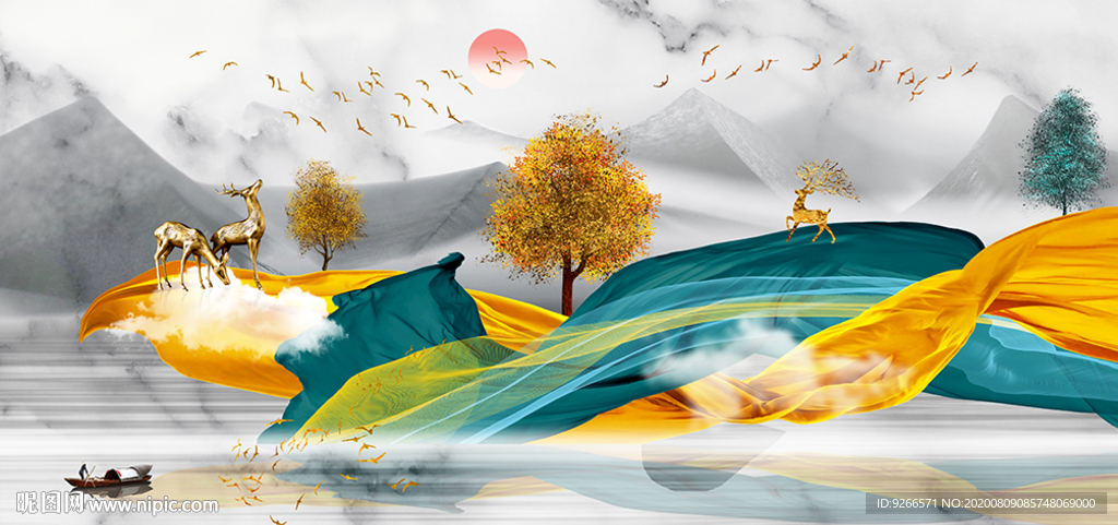 麋鹿山水抽象飞鸟晶瓷画装饰画