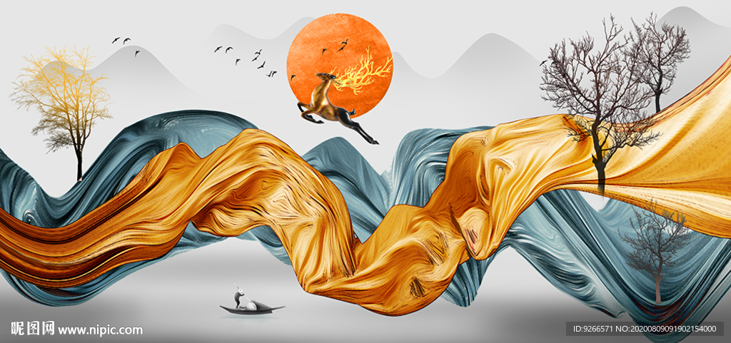 麋鹿山水抽象飞鸟晶瓷画装饰画