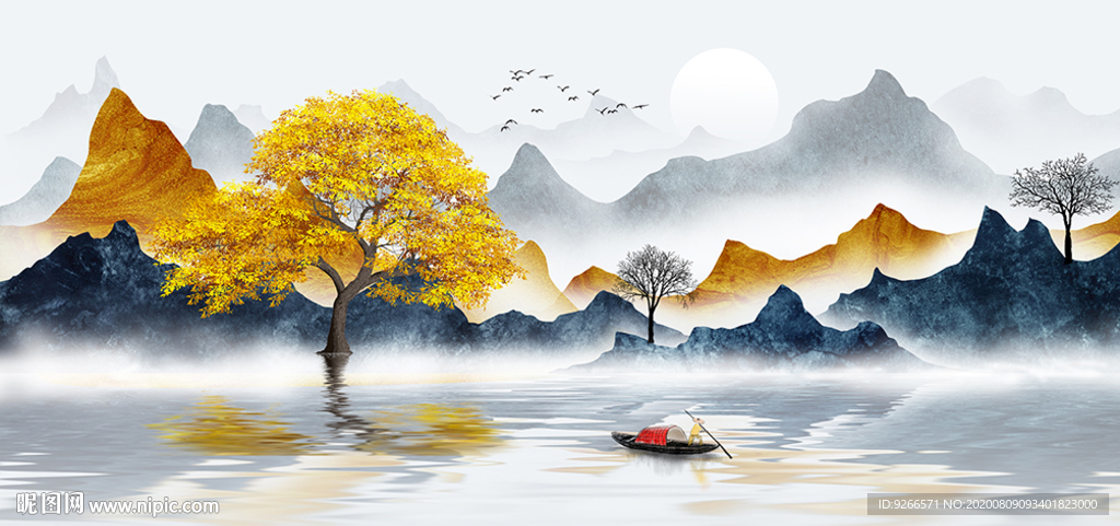麋鹿山水抽象飞鸟晶瓷画装饰画