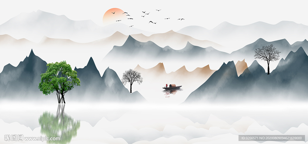 麋鹿山水抽象飞鸟晶瓷画装饰画