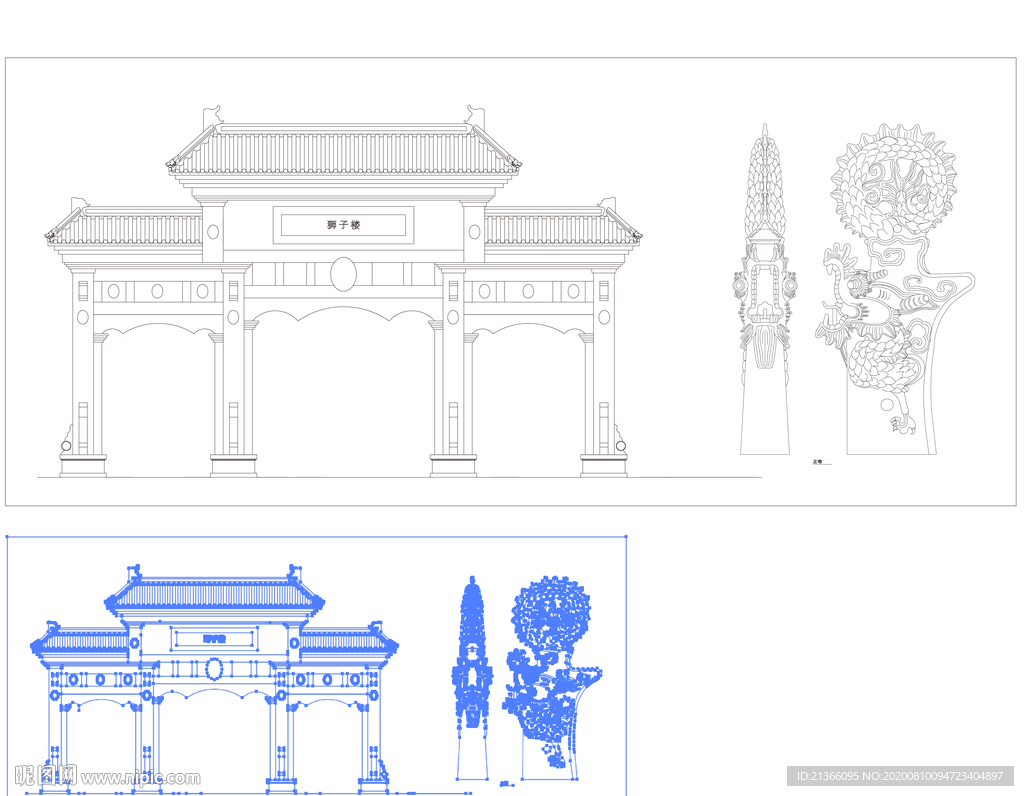 全矢量古代建筑龙纹线条