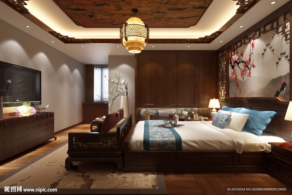 中式风格主卧室室内设计效果图