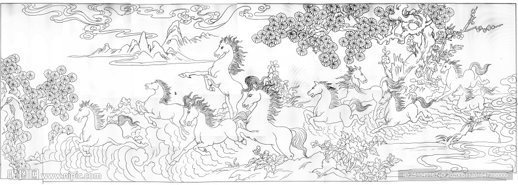 八骏马白描
