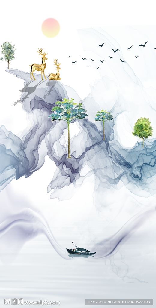 麋鹿烟雾山水