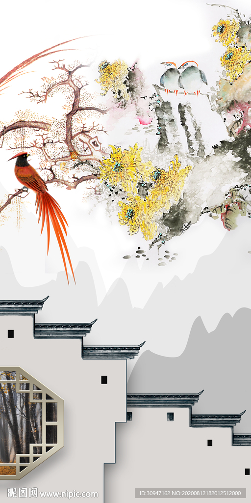 花鸟简约风山水画 TIF分层