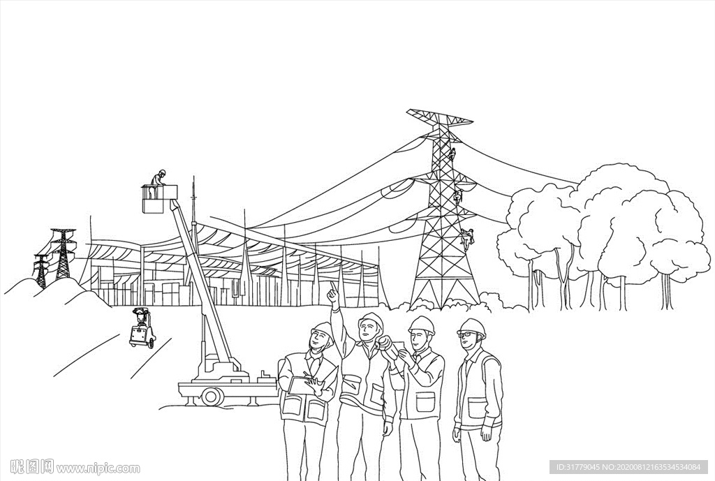 电力电厂检修线描手绘