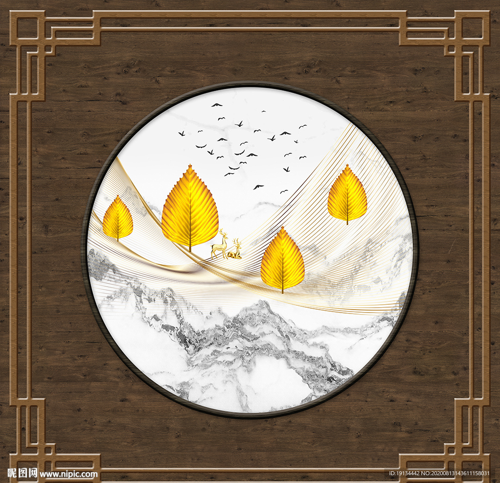 新中式木石纹山水吊顶壁画