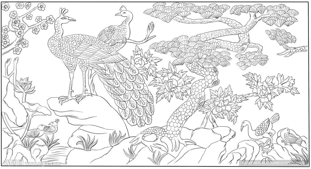 白描孔雀