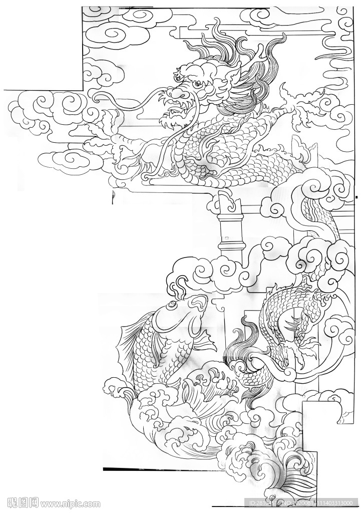 白描鱼跃龙门