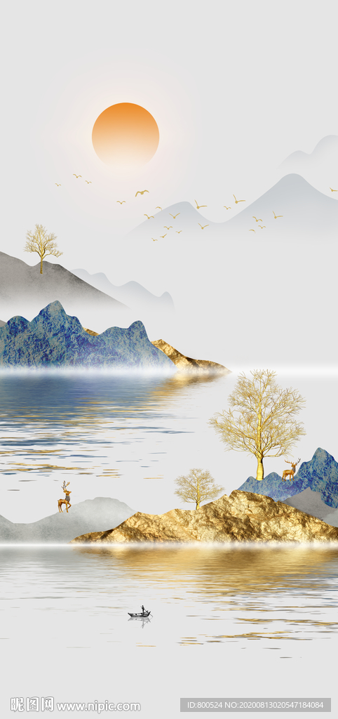 新中式金色山水装饰画玄关