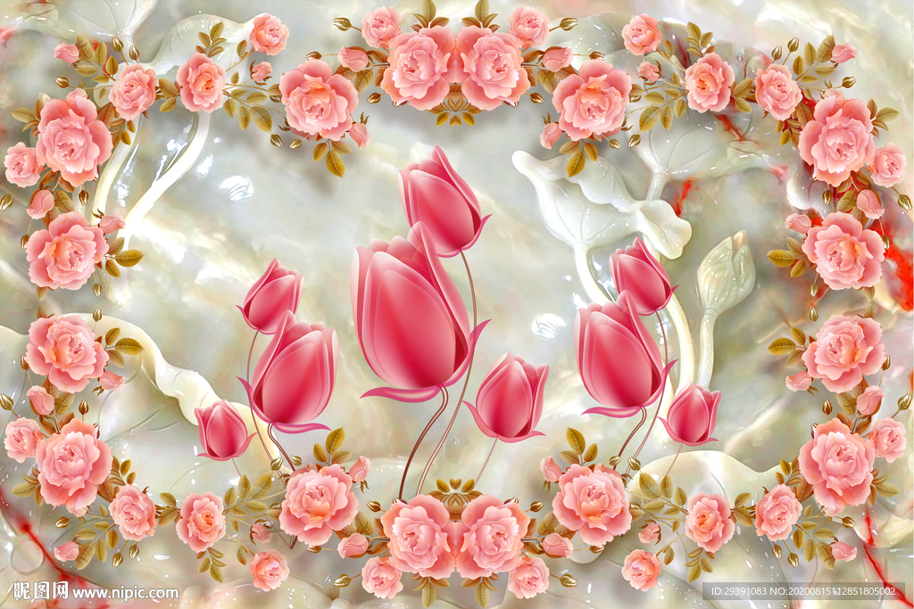 3D玉雕玫瑰郁金香图片