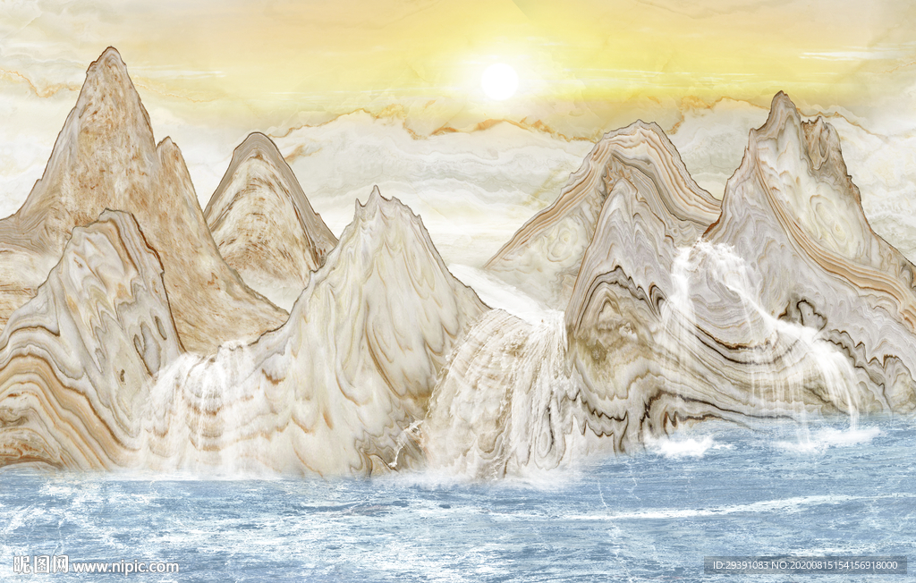 新中式大理石纹理山水画电视背景