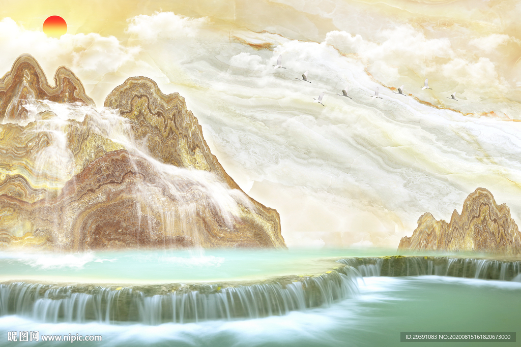 新中式意境大理石纹理山水画电视