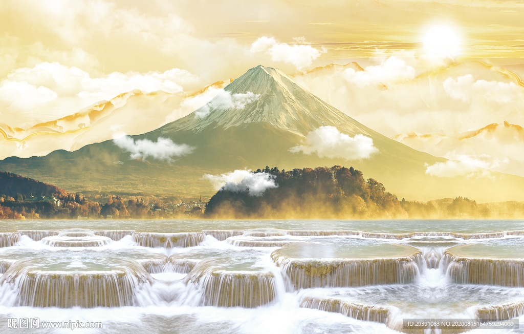 新中式大理石纹理富士山水画电视