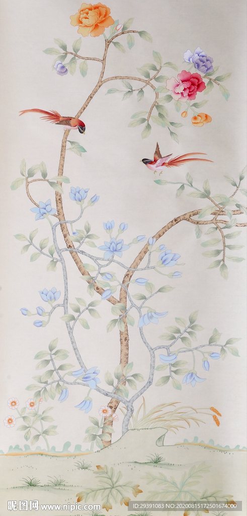 新中式手绘玫瑰花鸟玄关背景图图