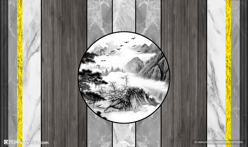 现代轻奢石纹木纹组合背景墙