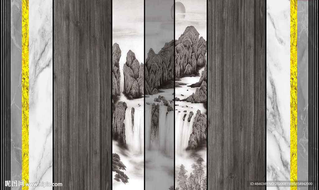 现代轻奢石纹木纹组合背景墙