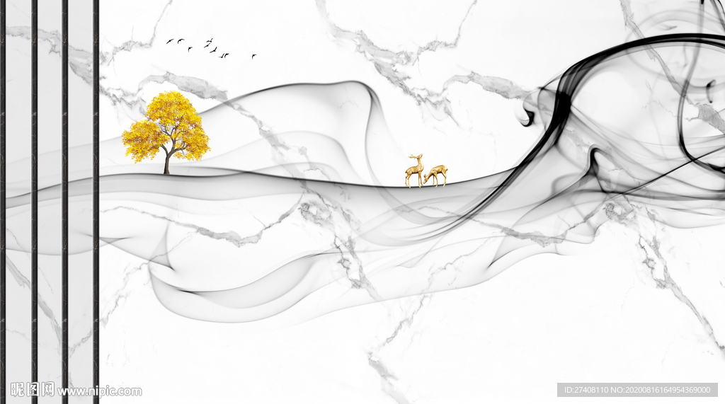 新中式抽象水墨麋鹿大理石背景墙