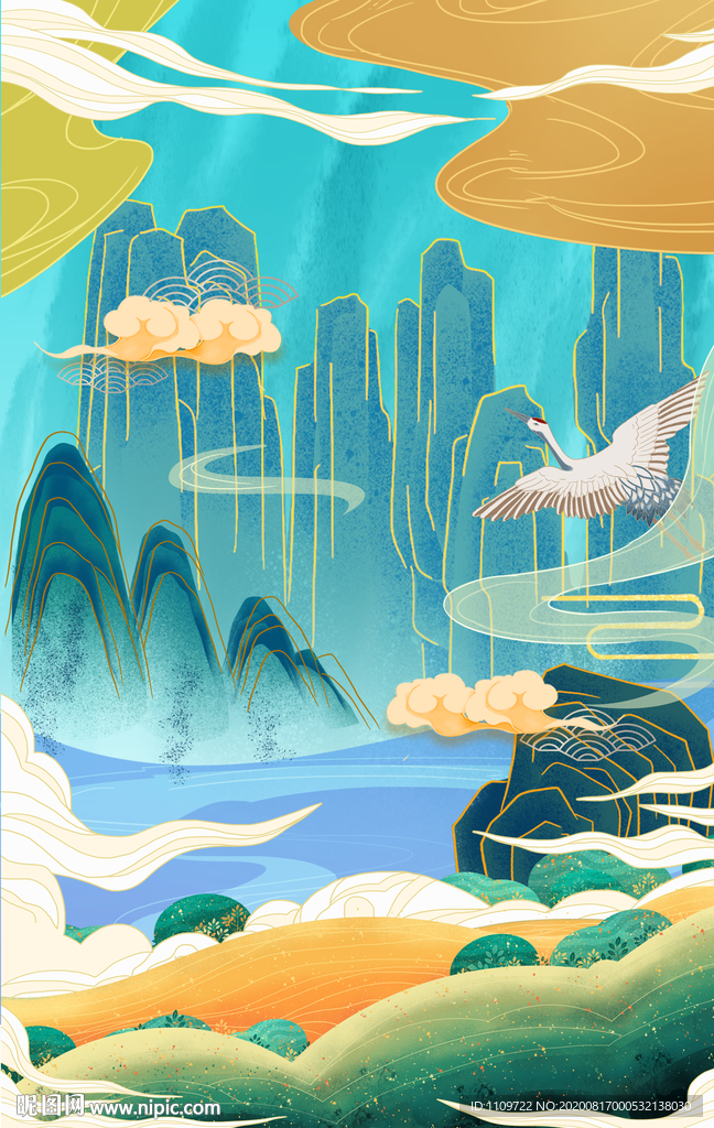 国潮中国风山水画插画背景贴图