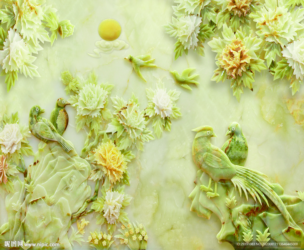 家和玉雕牡丹花朵背景墙图片