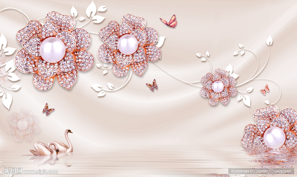 3d奢华欧式丝绸珍珠花朵倒影电