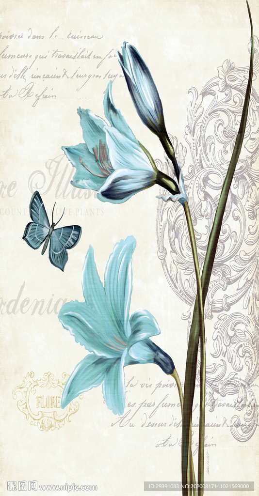美式现代装饰画心蓝色植物