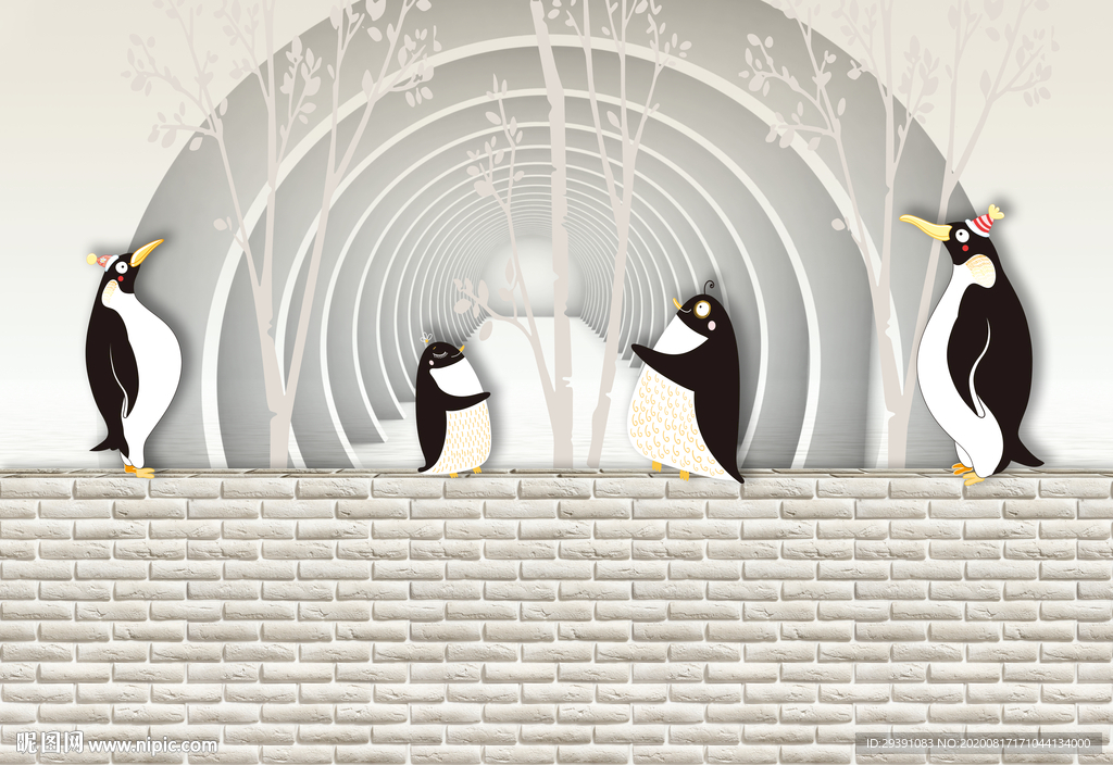3D砖墙企鹅背景墙