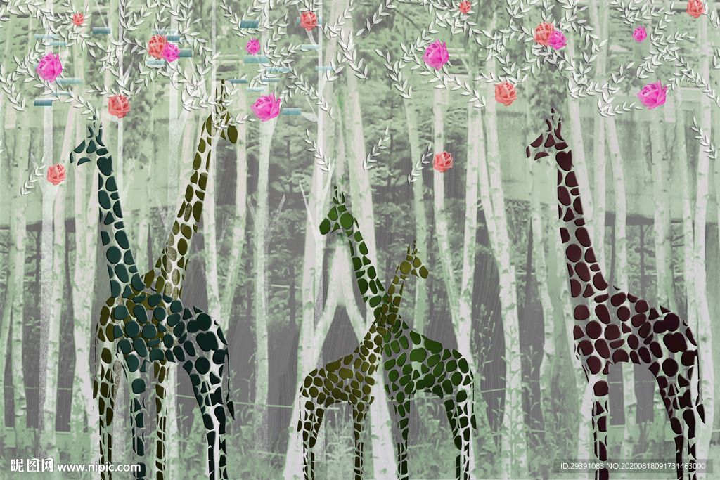 时尚花卉树林长颈鹿背景墙壁画图