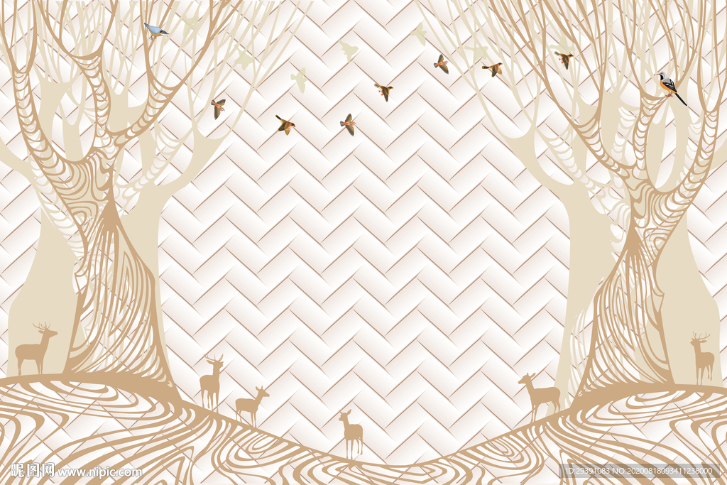 麋鹿森林北欧风现代简约背景墙图