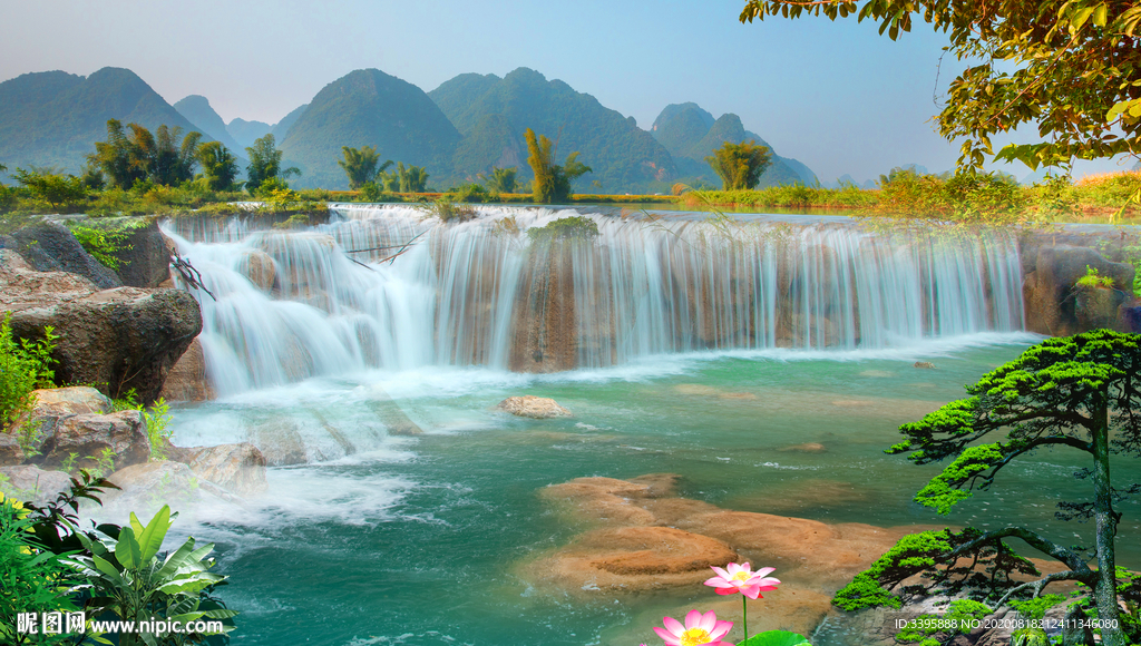 瀑布山水画图片