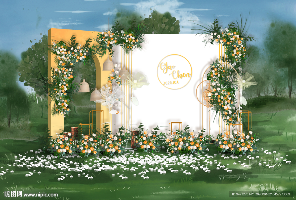黄白色婚礼迎宾区