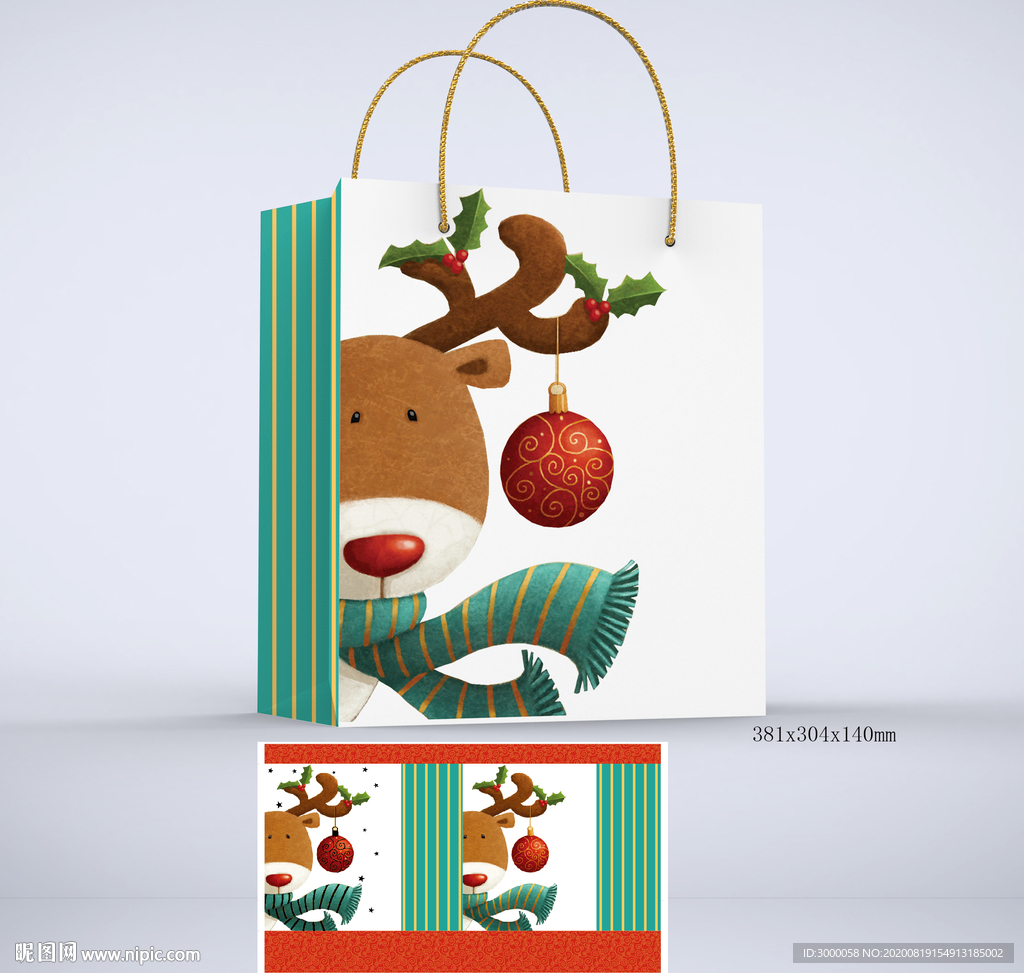 圣诞节卡通鹿礼品袋包装设计