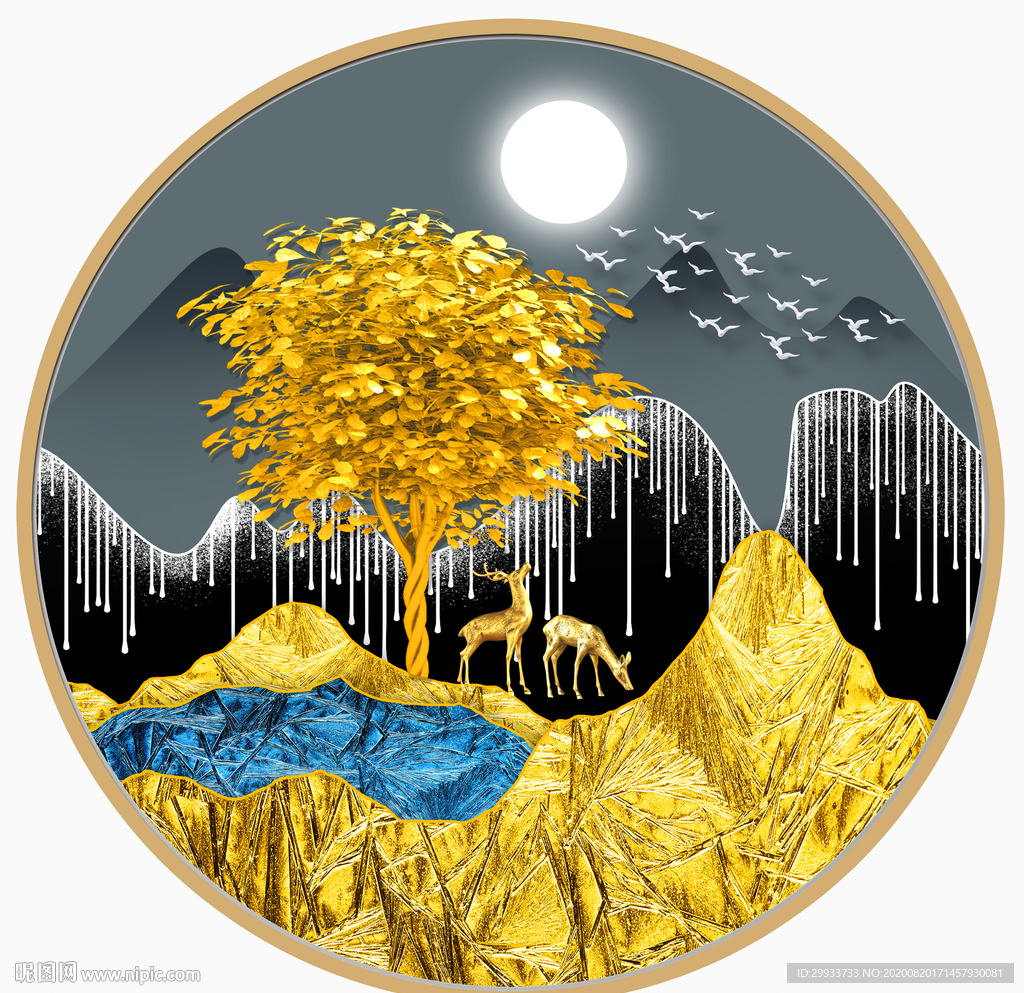 轻奢麋鹿山水发财树圆形装饰画