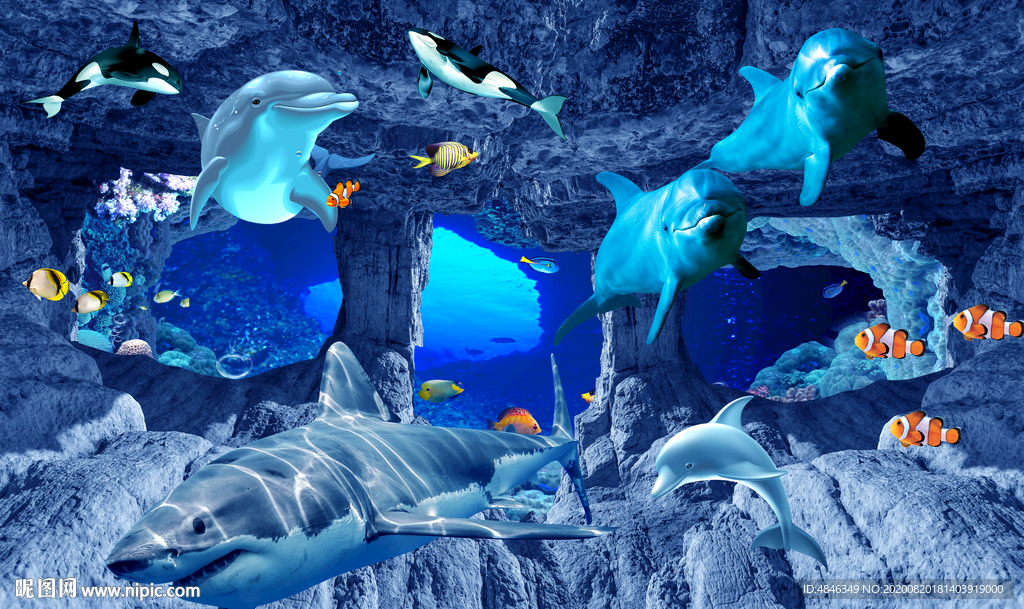 海底世界海豚3D背景墙