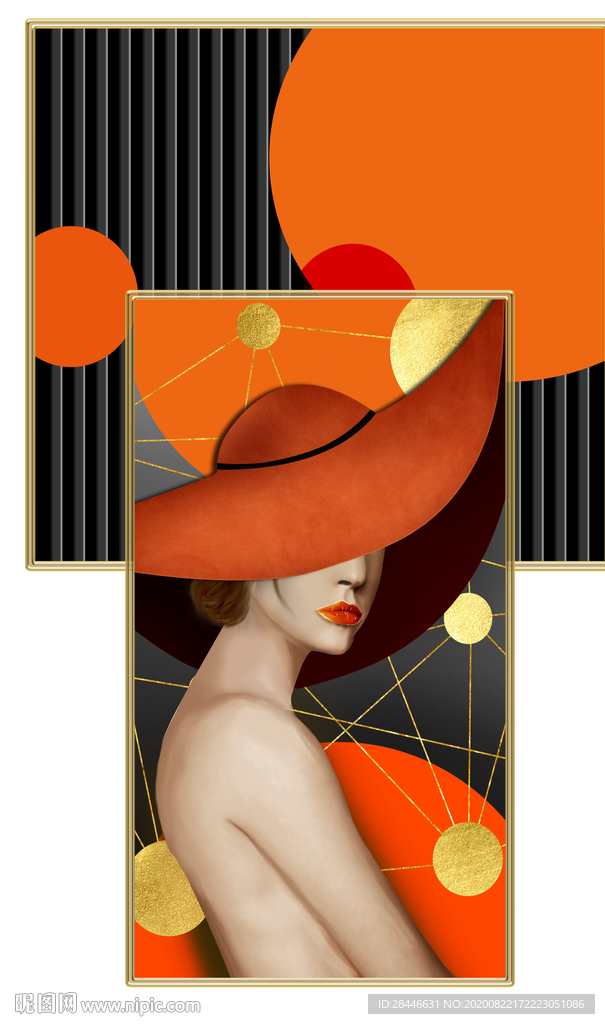 爱马仕橙抽象戴帽美女组合装饰画