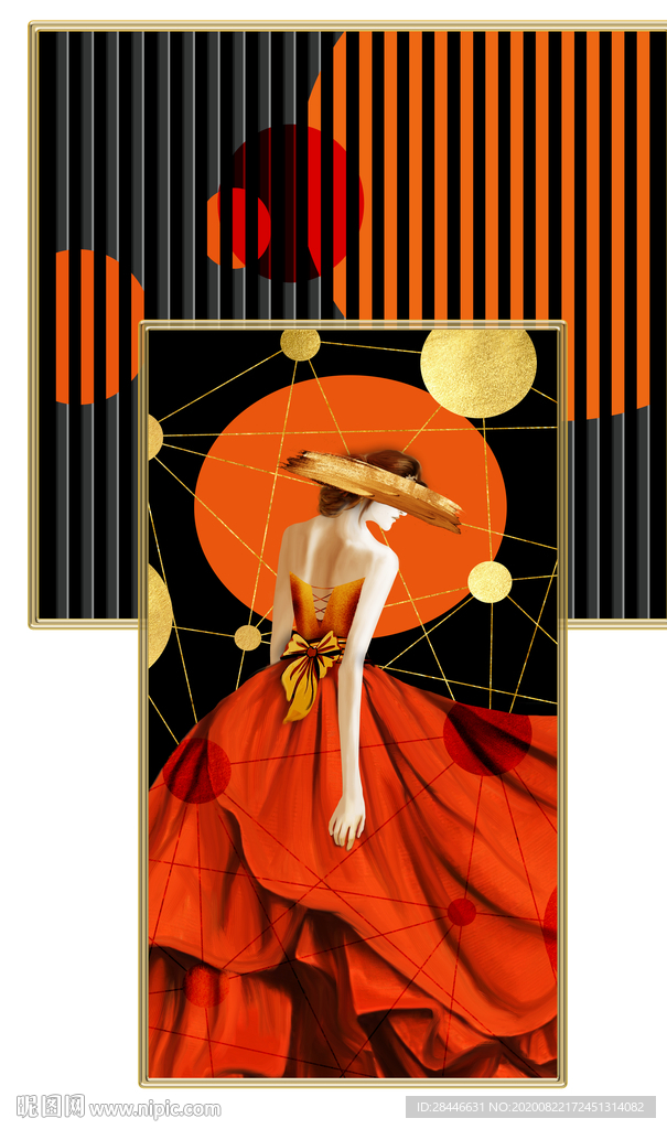 爱马仕橙抽象戴帽美女组合装饰画