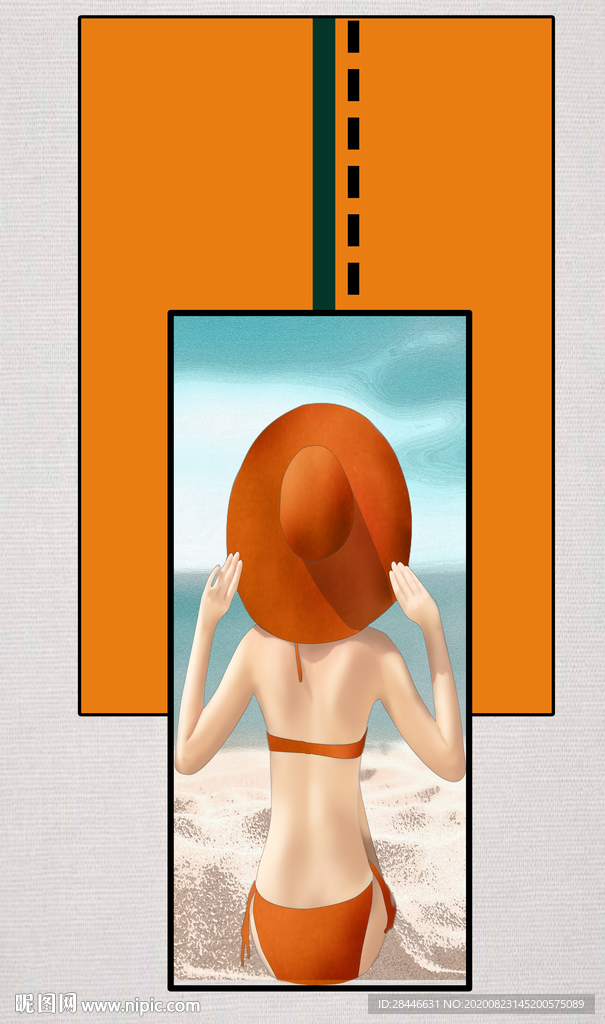 爱马仕橙抽象戴帽美女组合装饰画