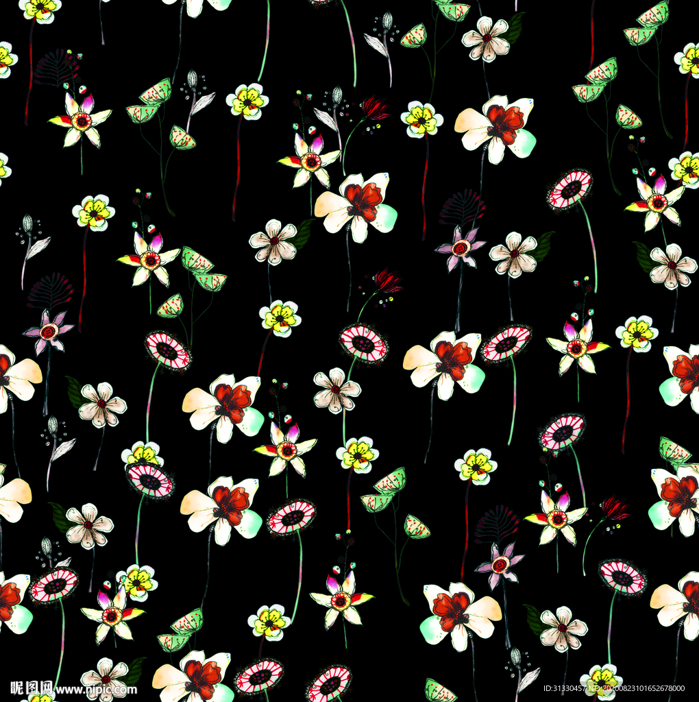 服装设计印花图案 黑底花朵