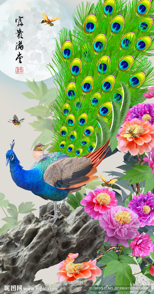 原创孔雀高清玄关晶瓷画背景墙