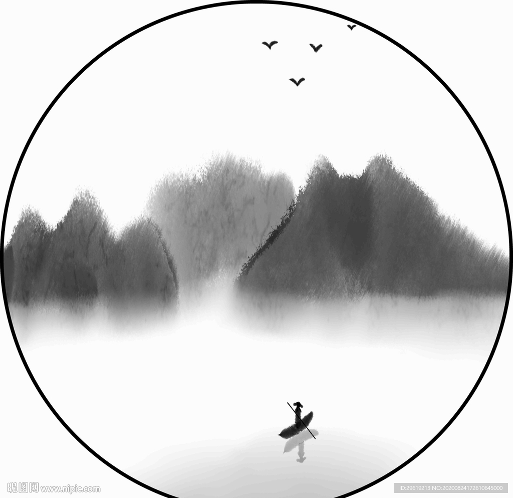 新中式意境山水小船水墨画图片